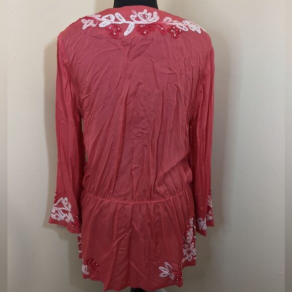 Soft Surroundings Floral Crush Coral Tunic Embroidered Beaded Blouse Small - Picture 2 of 12